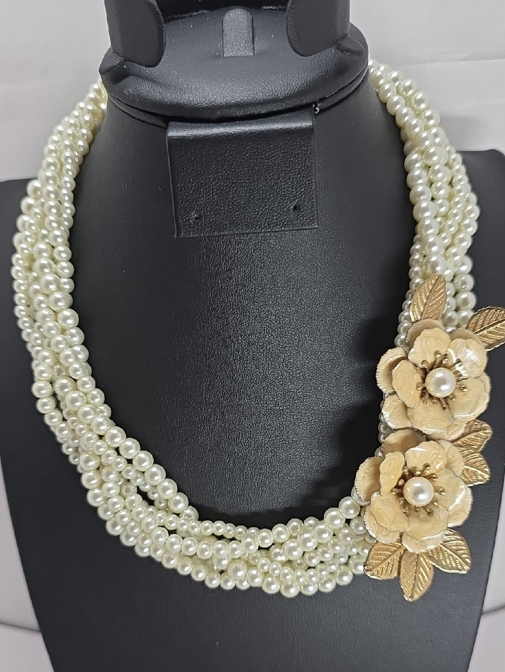 Fashion Jewelry Cream Pearl Multi-Strand Necklace with Gold Floral Accents